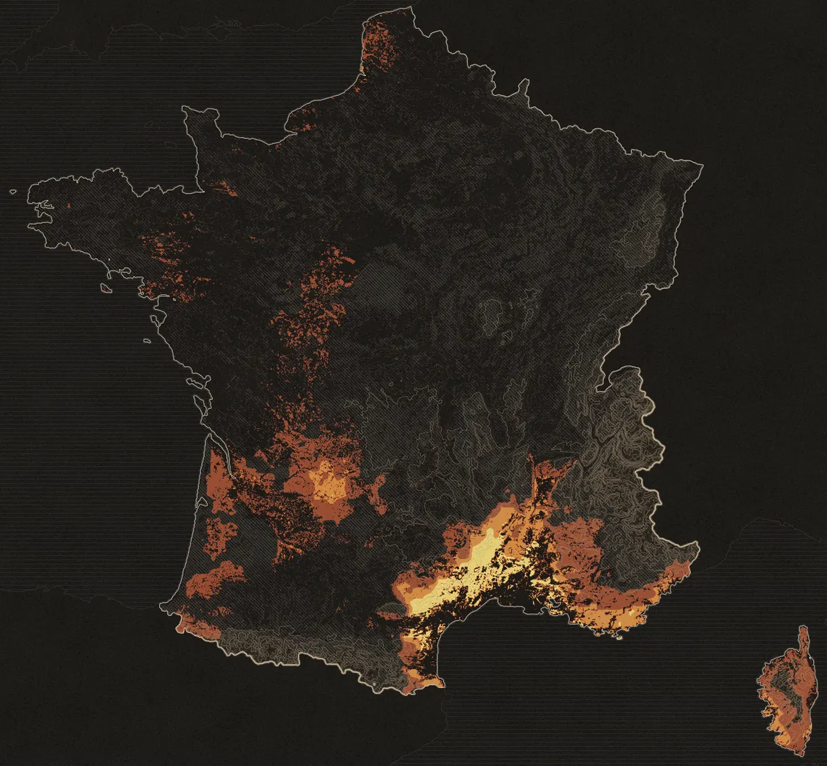 Carte de France métropolitaine des conditions de pousse pour les cèpes, calcul du mercredi 14 octobre 2026. Les zones les plus claires comptent parmi les meilleurs jours de leur lieu.