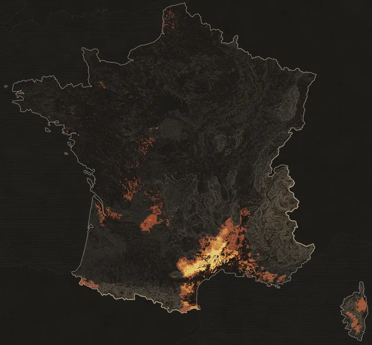 Carte de France métropolitaine des conditions de pousse pour les trompettes de la mort, calcul du mercredi 14 octobre 2026. Les zones les plus claires comptent parmi les meilleurs jours de leur lieu.