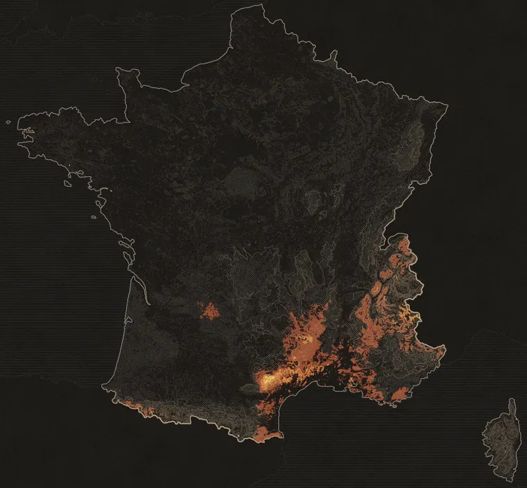 Carte de France métropolitaine des conditions de pousse pour les chanterelles en tube, calcul du mercredi 14 octobre 2026. Les zones les plus claires comptent parmi les meilleurs jours de leur lieu.
