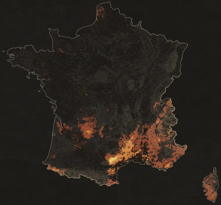 Carte de France métropolitaine des conditions de pousse pour les pieds-de-mouton, calcul du mercredi 14 octobre 2026. Les zones les plus claires comptent parmi les meilleurs jours de leur lieu.