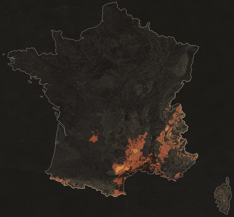 Carte de France métropolitaine des conditions de pousse pour les pieds bleus, calcul du mercredi 14 octobre 2026. Les zones les plus claires comptent parmi les meilleurs jours de leur lieu.