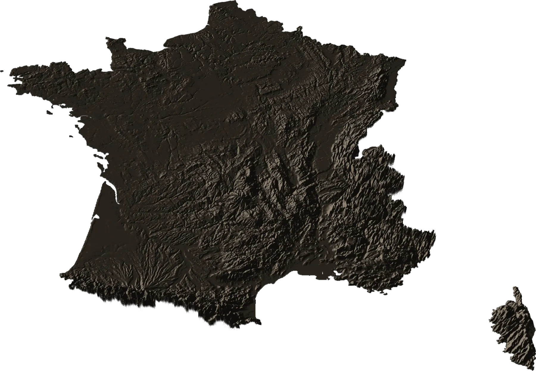 Relief de la France métropolitaine, éclairé d’une lumière rasante, d’après le modèle de terrain Copernicus.